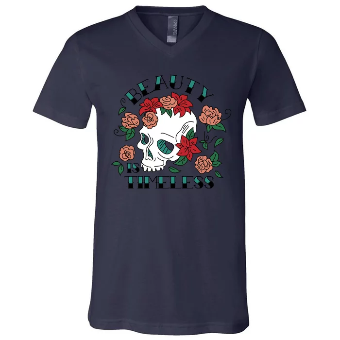 Beauty Is Timeless Skull Floral V-Neck T-Shirt