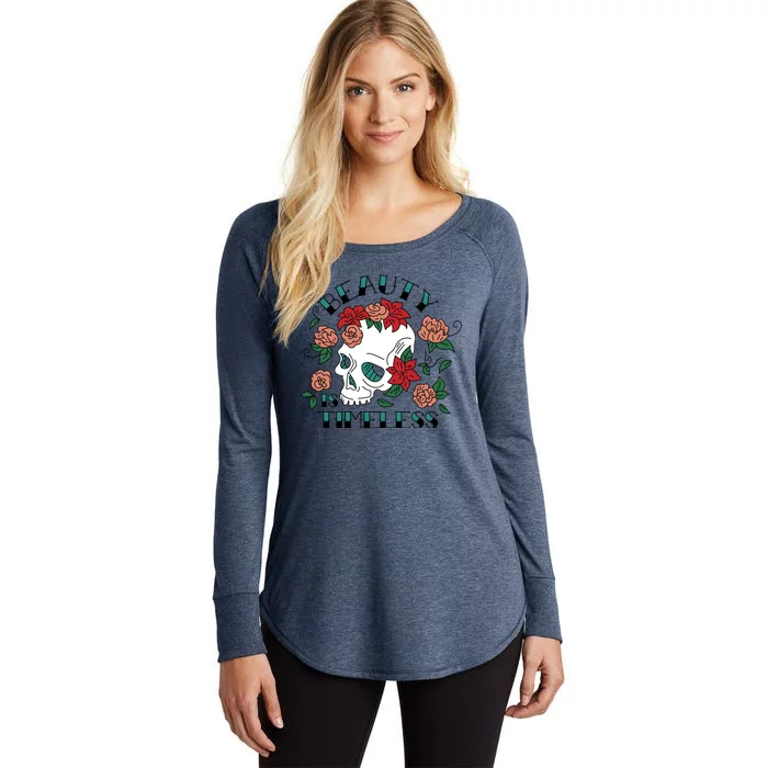 Beauty Is Timeless Skull Floral Women's Perfect Tri Tunic Long Sleeve Shirt