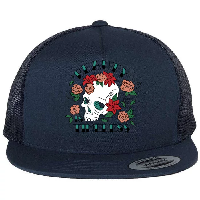 Beauty Is Timeless Skull Floral Flat Bill Trucker Hat