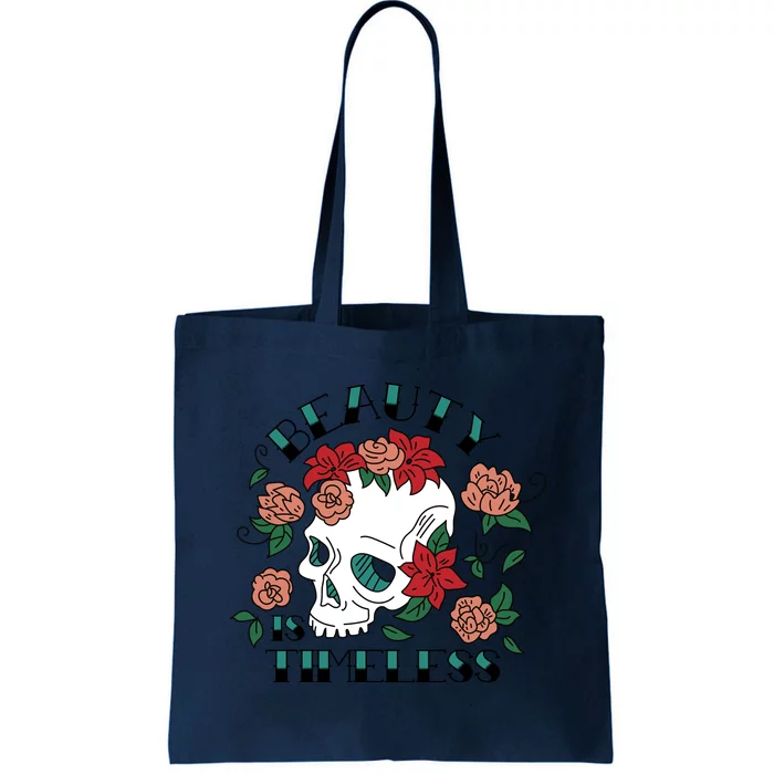 Beauty Is Timeless Skull Floral Tote Bag