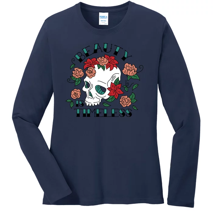 Beauty Is Timeless Skull Floral Ladies Long Sleeve Shirt