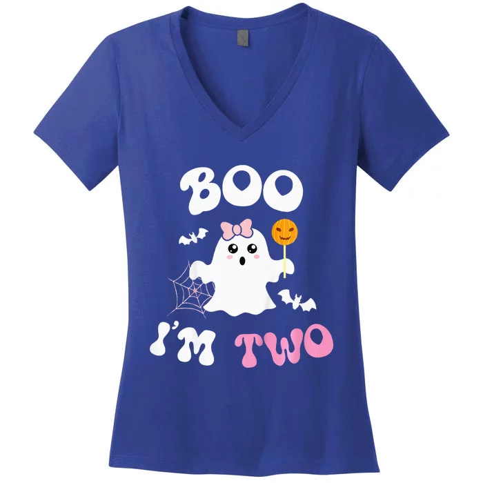 Boo Im Two Ghost Second 2nd Birthday Groovy Halloween Women's V-Neck T-Shirt