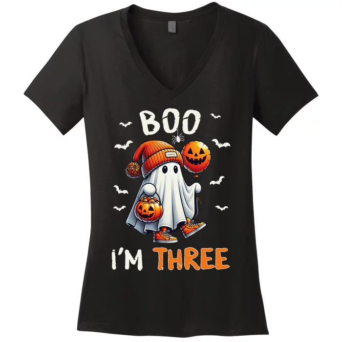 Boo IM Three Ghost 3rd Birthday Halloween Groovy Gift Women's V-Neck T-Shirt