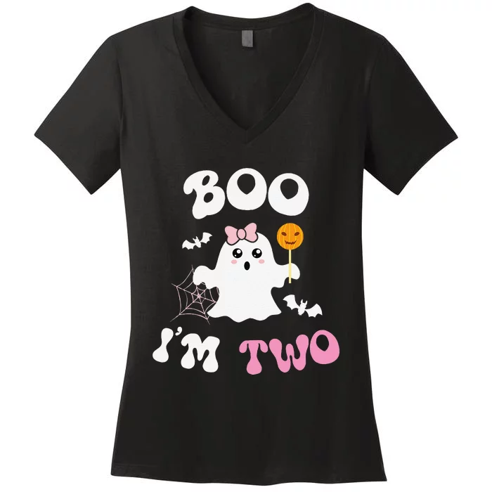 Boo IM Two Ghost Second 2nd Birthday Groovy Halloween Women's V-Neck T-Shirt