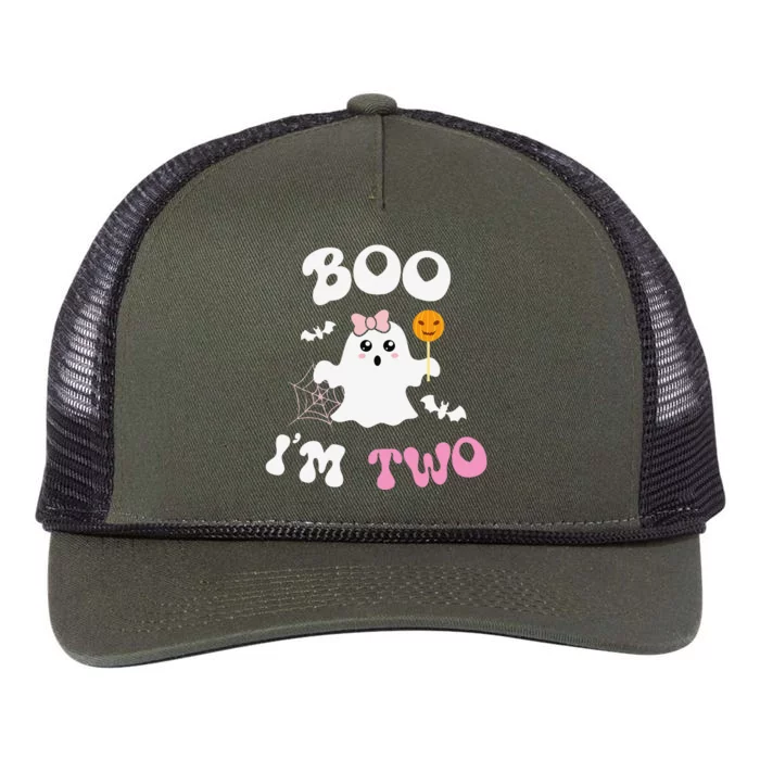 Boo IM Two Ghost Second 2nd Birthday Groovy Halloween Retro Rope Trucker Hat Cap