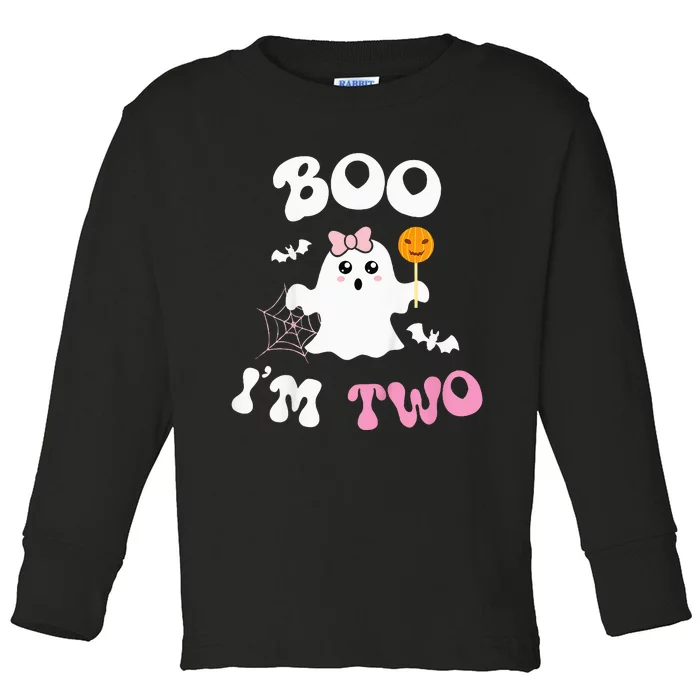 Boo Im Two Ghost Second 2nd Birthday Groovy Halloween Toddler Long Sleeve Shirt