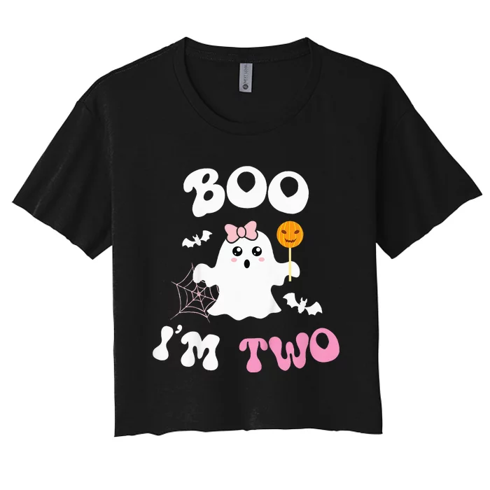 Boo Im Two Ghost Second 2nd Birthday Groovy Halloween Women's Crop Top Tee