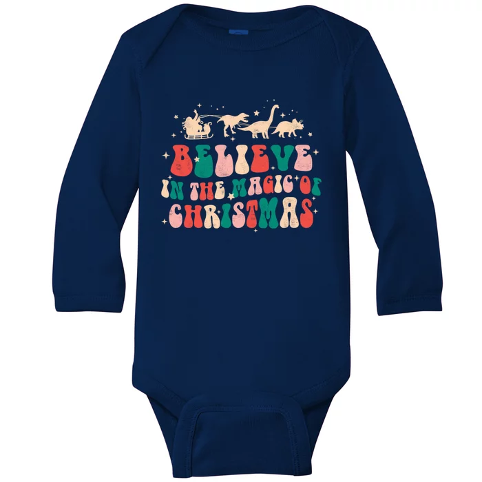 Believe In The Magic Of Christmas Groovy Retro Xmas Dinosaur Cool Gift Baby Long Sleeve Bodysuit