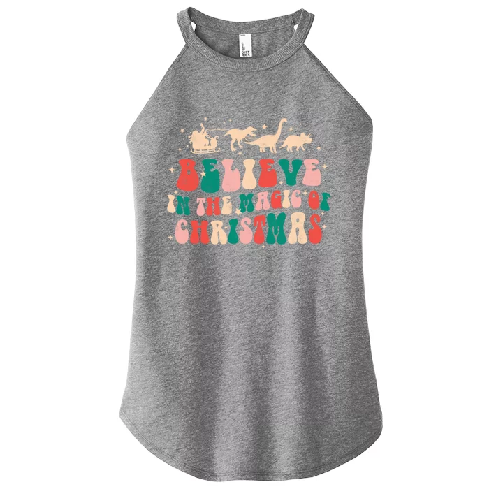 Believe In The Magic Of Christmas Groovy Retro Xmas Dinosaur Cool Gift Women’s Perfect Tri Rocker Tank