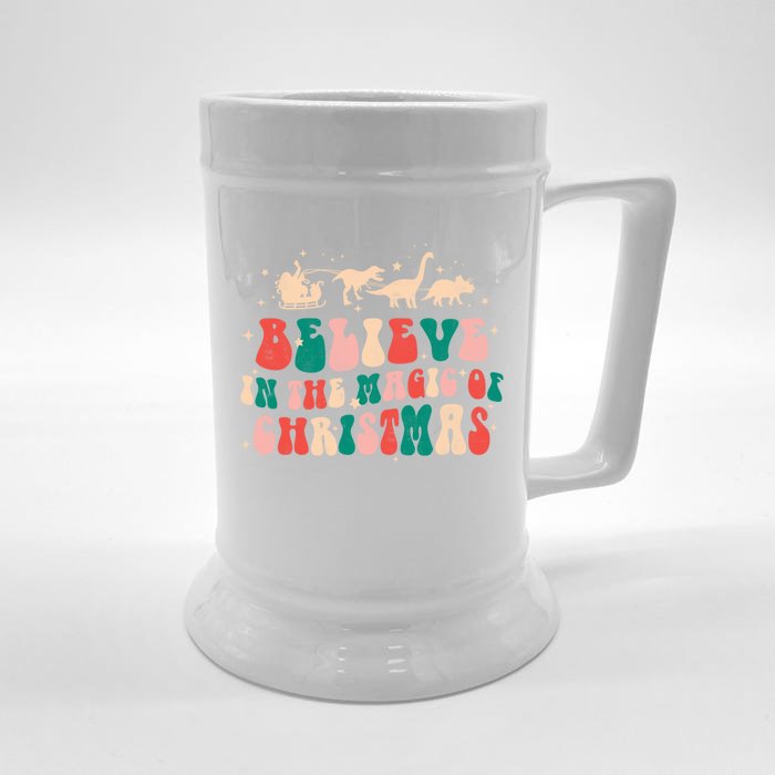 Believe In The Magic Of Christmas Groovy Retro Xmas Dinosaur Cool Gift Front & Back Beer Stein