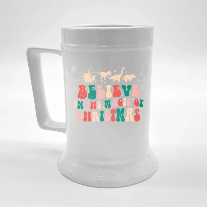 Believe In The Magic Of Christmas Groovy Retro Xmas Dinosaur Cool Gift Front & Back Beer Stein