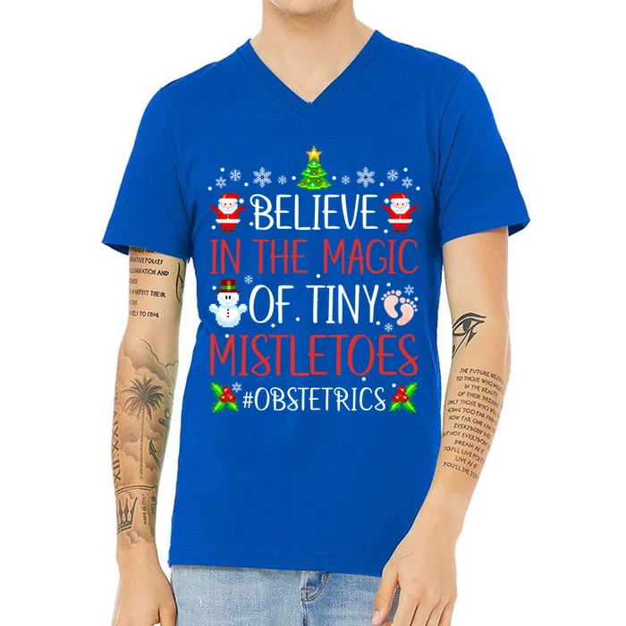 Believe In The Magic Of Tiny Mistletoes Obstetrics Christmas Gift V-Neck T-Shirt