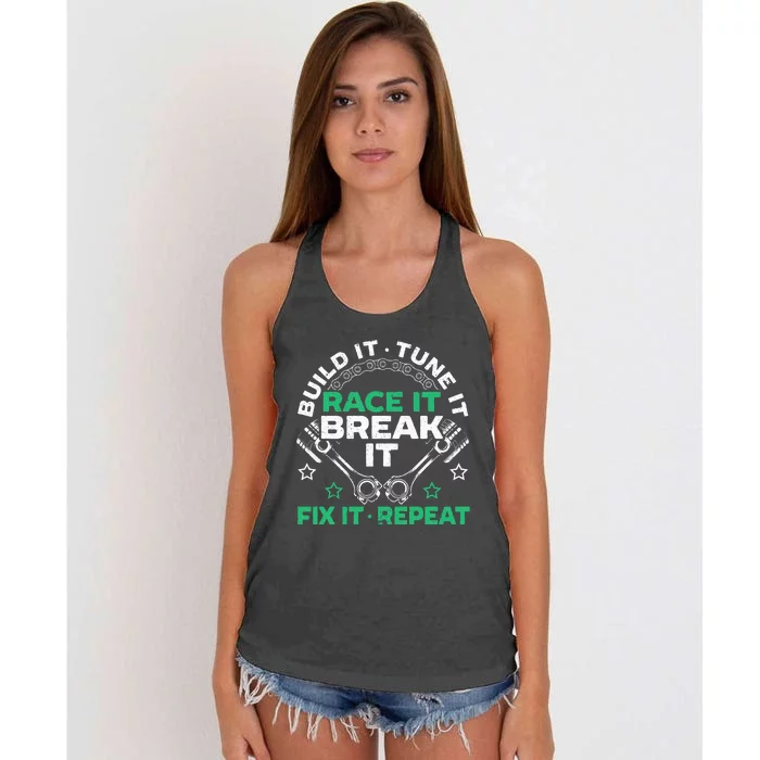 Build It Tune It Race It Break It Fix It Repeat Motorsport Women's Knotted Racerback Tank