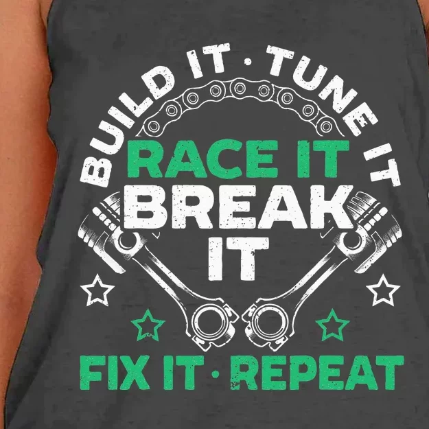 Build It Tune It Race It Break It Fix It Repeat Motorsport Women's Knotted Racerback Tank