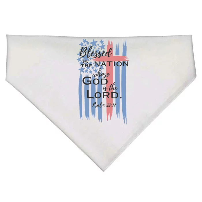 Blessed is the nation whose God is the Lord American flag USA-Made Doggie Bandana