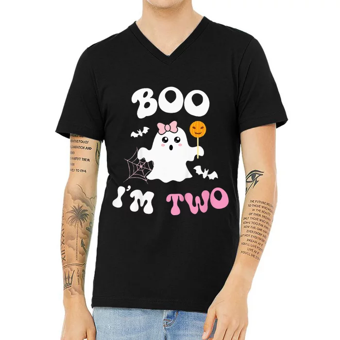 Boo I'm Two Ghost Second 2nd Birthday Groovy Halloween V-Neck T-Shirt