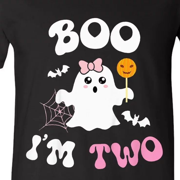 Boo I'm Two Ghost Second 2nd Birthday Groovy Halloween V-Neck T-Shirt