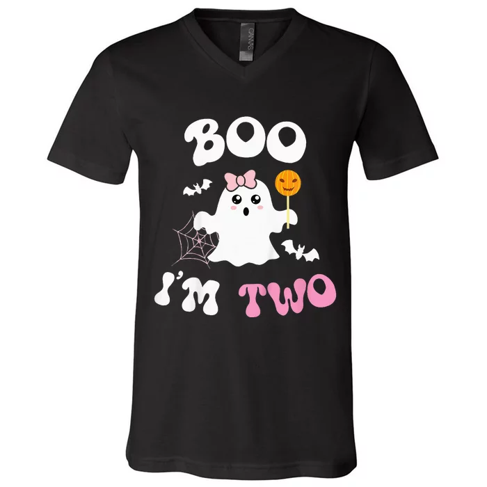 Boo I'm Two Ghost Second 2nd Birthday Groovy Halloween V-Neck T-Shirt