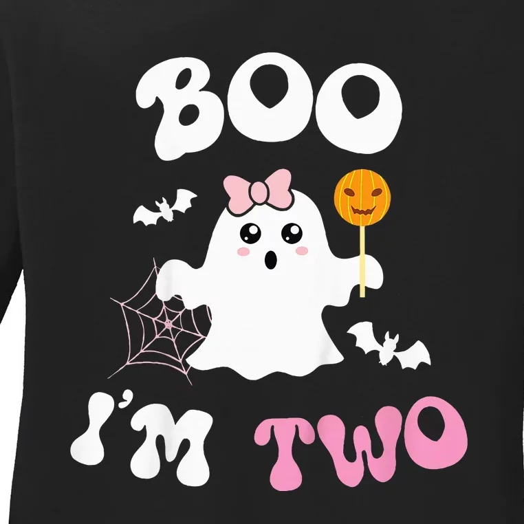 Boo I'm Two Ghost Second 2nd Birthday Groovy Halloween Ladies Long Sleeve Shirt