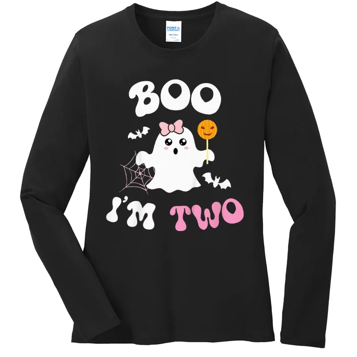 Boo I'm Two Ghost Second 2nd Birthday Groovy Halloween Ladies Long Sleeve Shirt