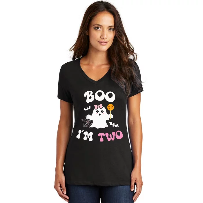 Boo I'm Two Ghost Second 2nd Birthday Groovy Halloween Women's V-Neck T-Shirt