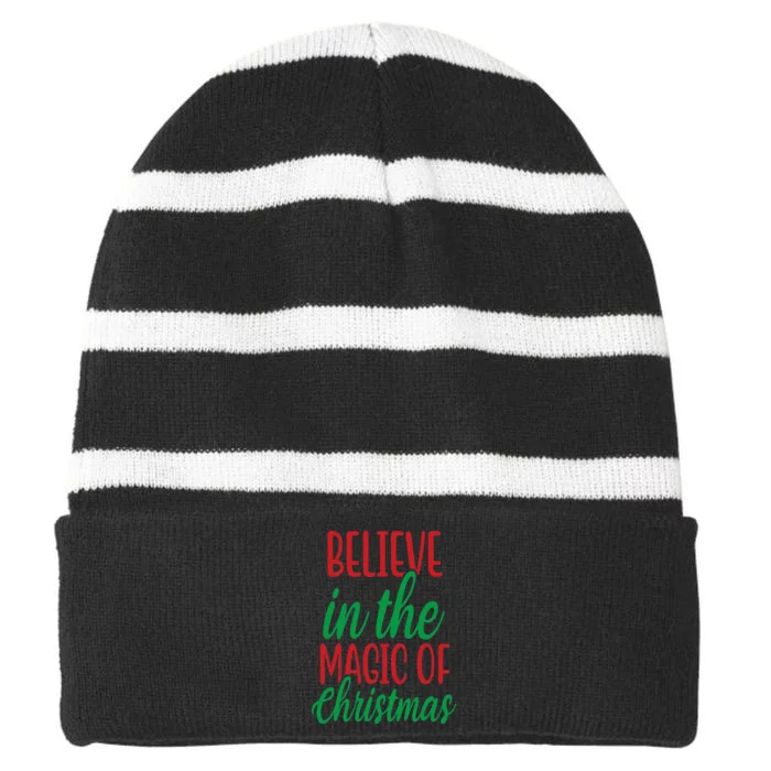 Believe In The Magic Of Christmas Pajama Cool Xmas Holiday Striped Beanie with Solid Band