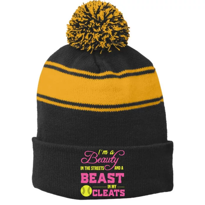 Beauty In The Street Beast In My Cleats GirlWo Softball Stripe Pom Pom Beanie