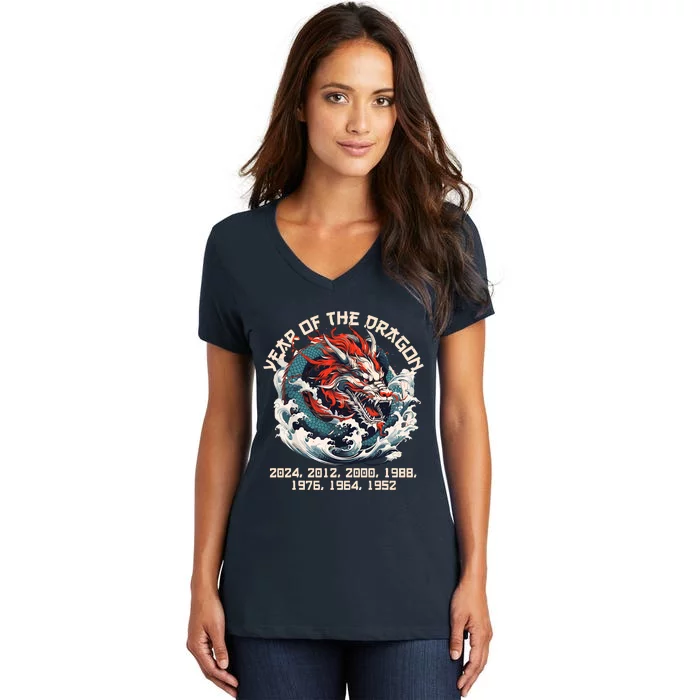 Born In The Lunar Year Of Dragon Wood Dragon 2024 Chinese Women's V-Neck T-Shirt