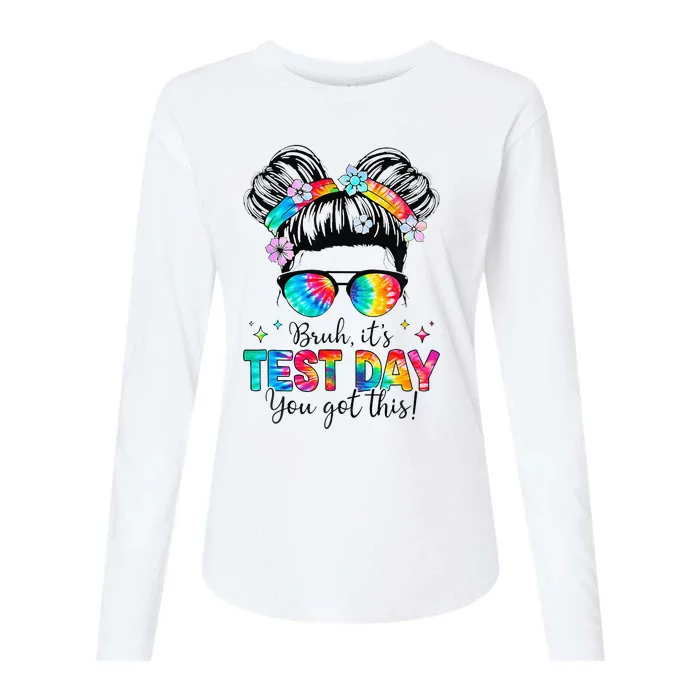 Bruh Its Test Day You Got This Testing Day Teacher Messy Bun Womens Cotton Relaxed Long Sleeve T-Shirt