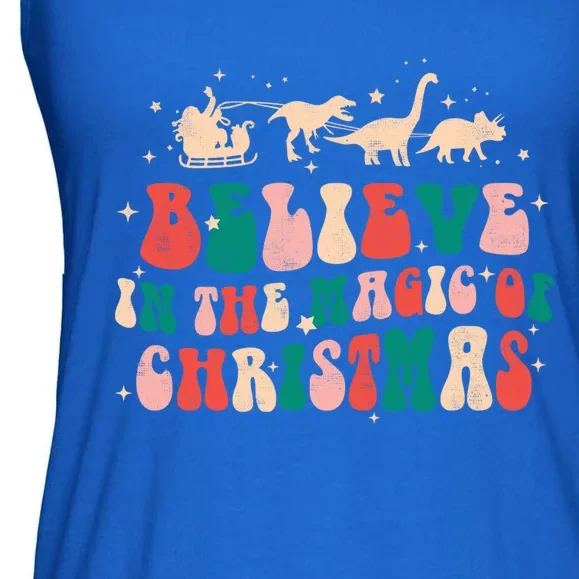 Believe In The Magic Of Christmas Groovy Retro Xmas Dinosaur Gift Ladies Essential Flowy Tank