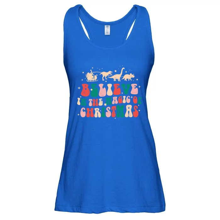 Believe In The Magic Of Christmas Groovy Retro Xmas Dinosaur Gift Ladies Essential Flowy Tank