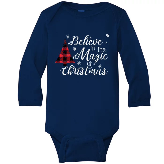 Believe In The Magic Of Christmas Tree In Red Buffalo Plaid Cool Gift Baby Long Sleeve Bodysuit