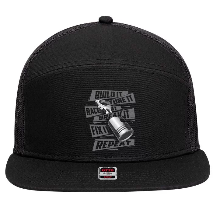 Build It Tune It Race It Break It Race Car Enthusiast 7 Panel Mesh Trucker Snapback Hat