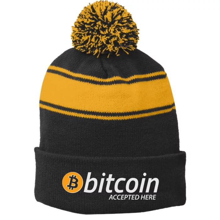 Bitcoin Accepted Here Cryptocurrency Logo Stripe Pom Pom Beanie