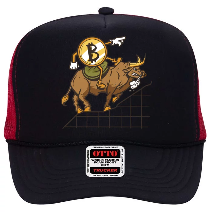 Bitcoin Cartoon Riding Bull High Crown Mesh Trucker Hat