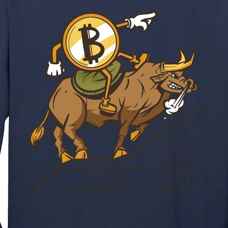 Bitcoin Cartoon Riding Bull Tall Long Sleeve T-Shirt