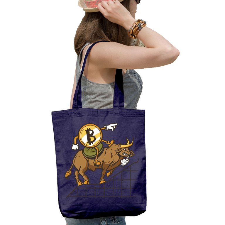 Bitcoin Cartoon Riding Bull Tote Bag