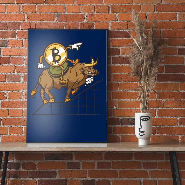 Bitcoin Cartoon Riding Bull Poster