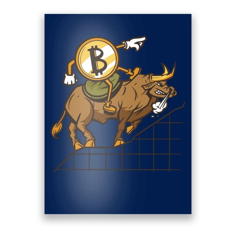 Bitcoin Cartoon Riding Bull Poster