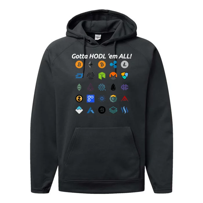 Bitcoin Litecoin Gotta Hodl Em All Cryptocurrency Logos Performance Fleece Hoodie