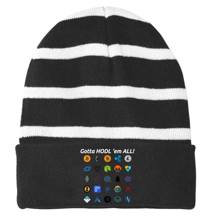 Bitcoin Litecoin Gotta Hodl Em All Cryptocurrency Logos Striped Beanie with Solid Band