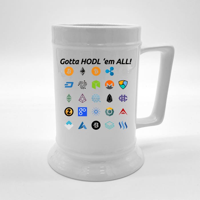 Bitcoin Litecoin Gotta Hodl Em All Cryptocurrency Logos Front & Back Beer Stein