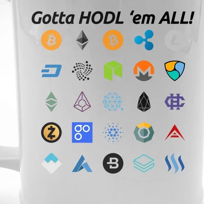 Bitcoin Litecoin Gotta Hodl Em All Cryptocurrency Logos Front & Back Beer Stein