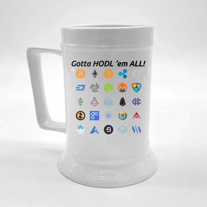 Bitcoin Litecoin Gotta Hodl Em All Cryptocurrency Logos Front & Back Beer Stein