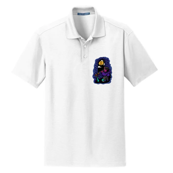 Bitcoin Moon Cartoon Dry Zone Grid Performance Polo