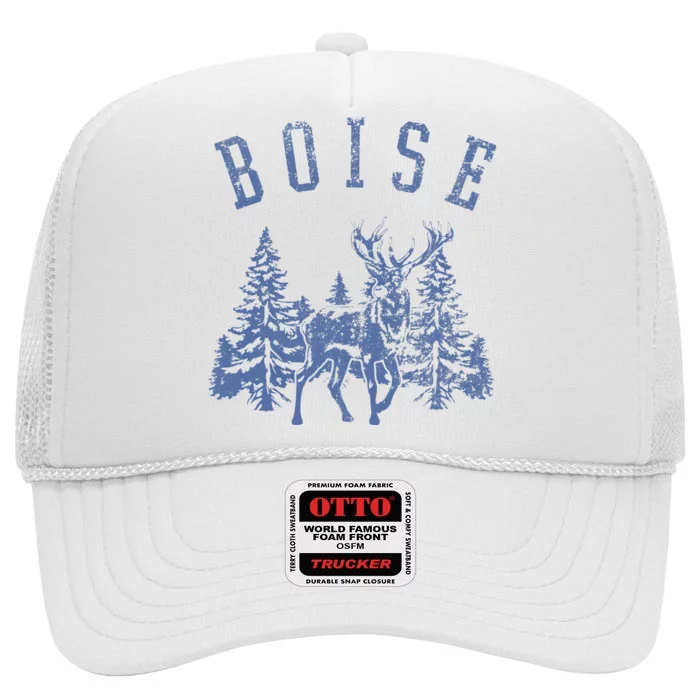 Boise Idaho Vintage Deer Outdoors Graphic High Crown Mesh Trucker Hat