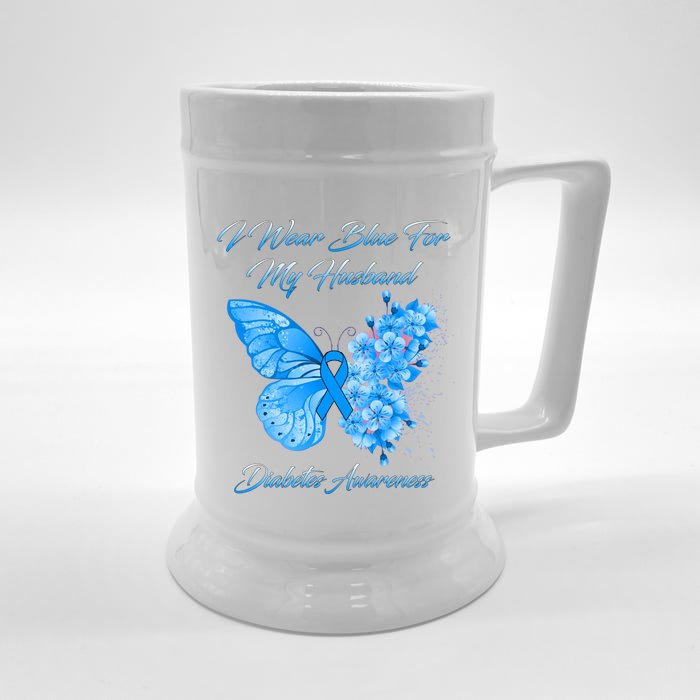 Butterfly I Wear Blue For My Husband Diabetes Awareness Gift Front & Back Beer Stein