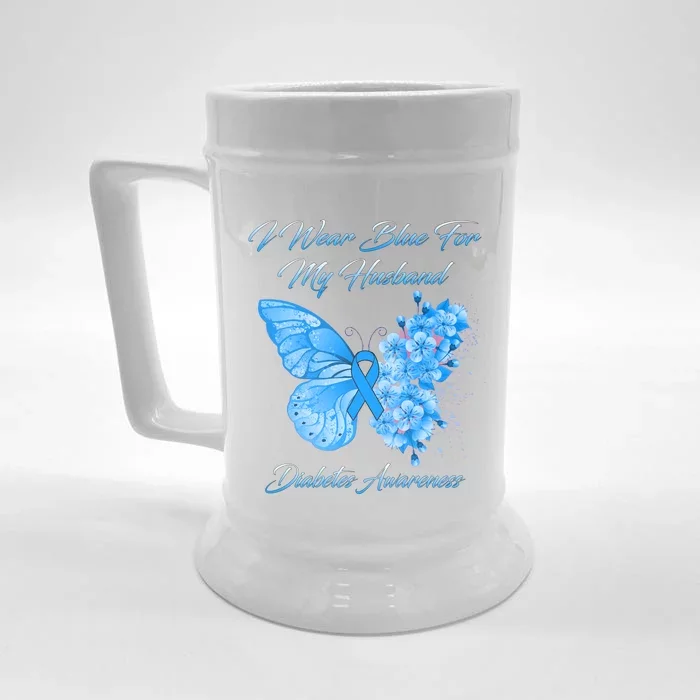 Butterfly I Wear Blue For My Husband Diabetes Awareness Gift Front & Back Beer Stein