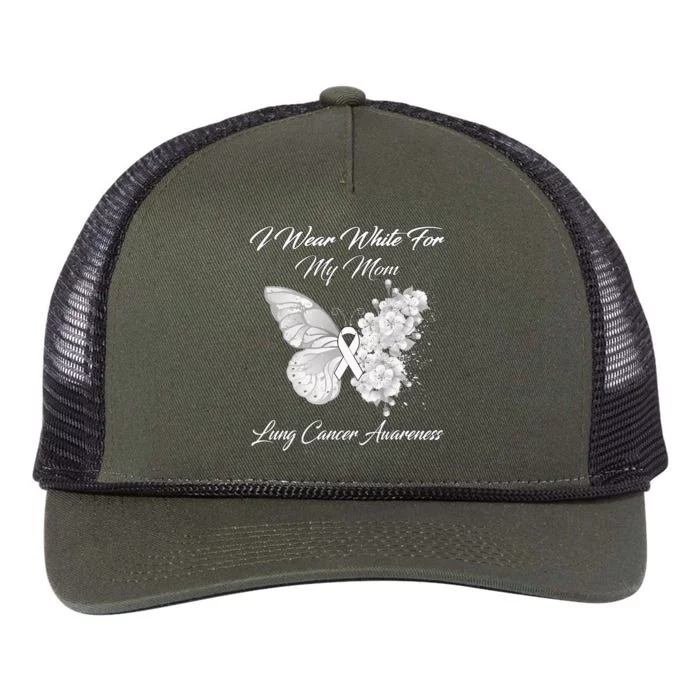 Butterfly I Wear White For My Mom Lung Cancer Awareness Retro Rope Trucker Hat Cap