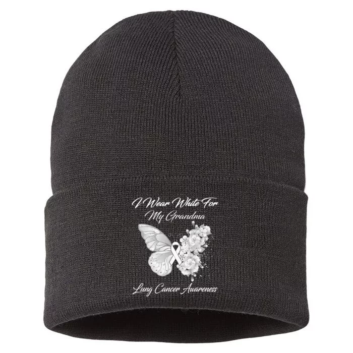 Butterfly I Wear White For My Grandma Lung Cancer Awareness Sustainable Knit Beanie